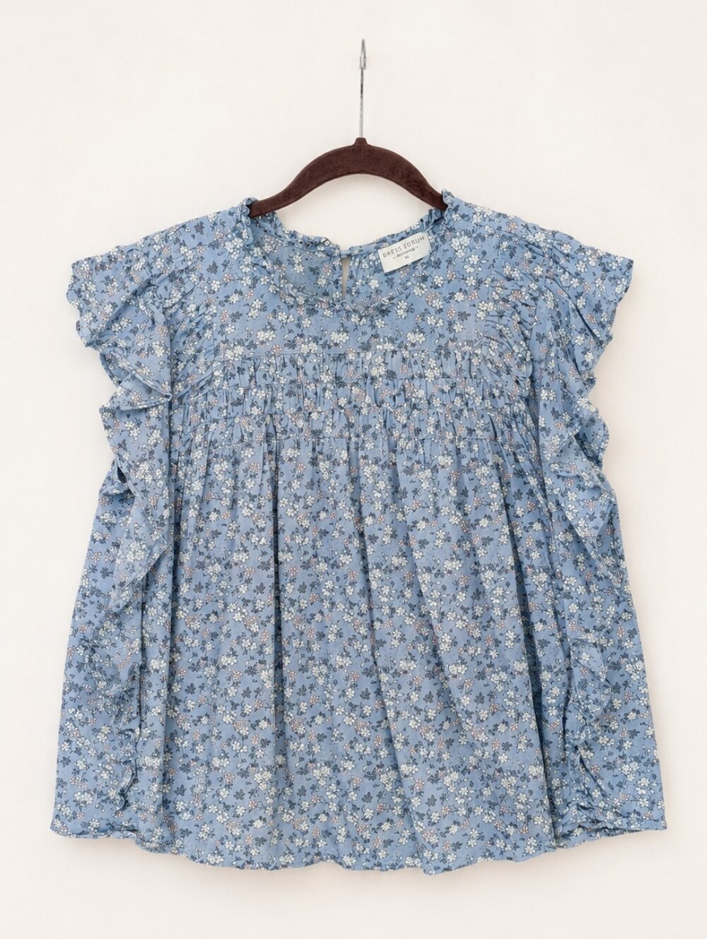 Dress Forum Light Blue Floral Ruffle-Smock Blouse